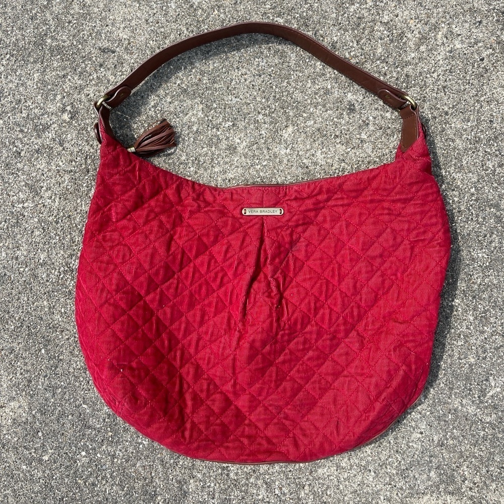 Retired Vera Bradley Red Corduroy Brown Leather Hobo Handbag Purse